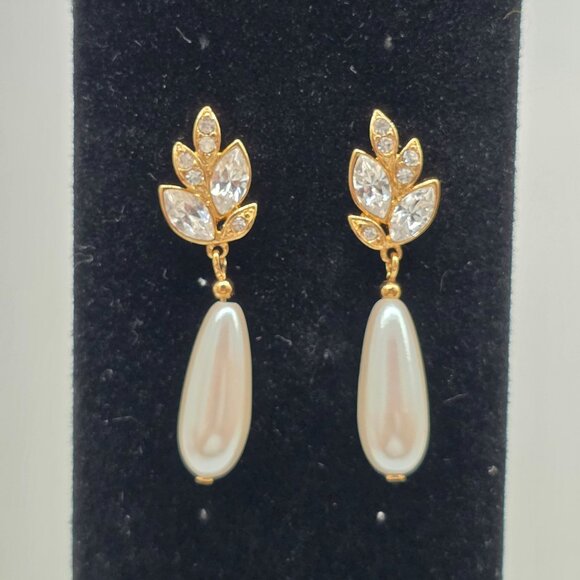 Gold Leaf & Faux Teardrop Pearl Drop Earrings Crystal Rhinestone 1.75" - Picture 2 of 4